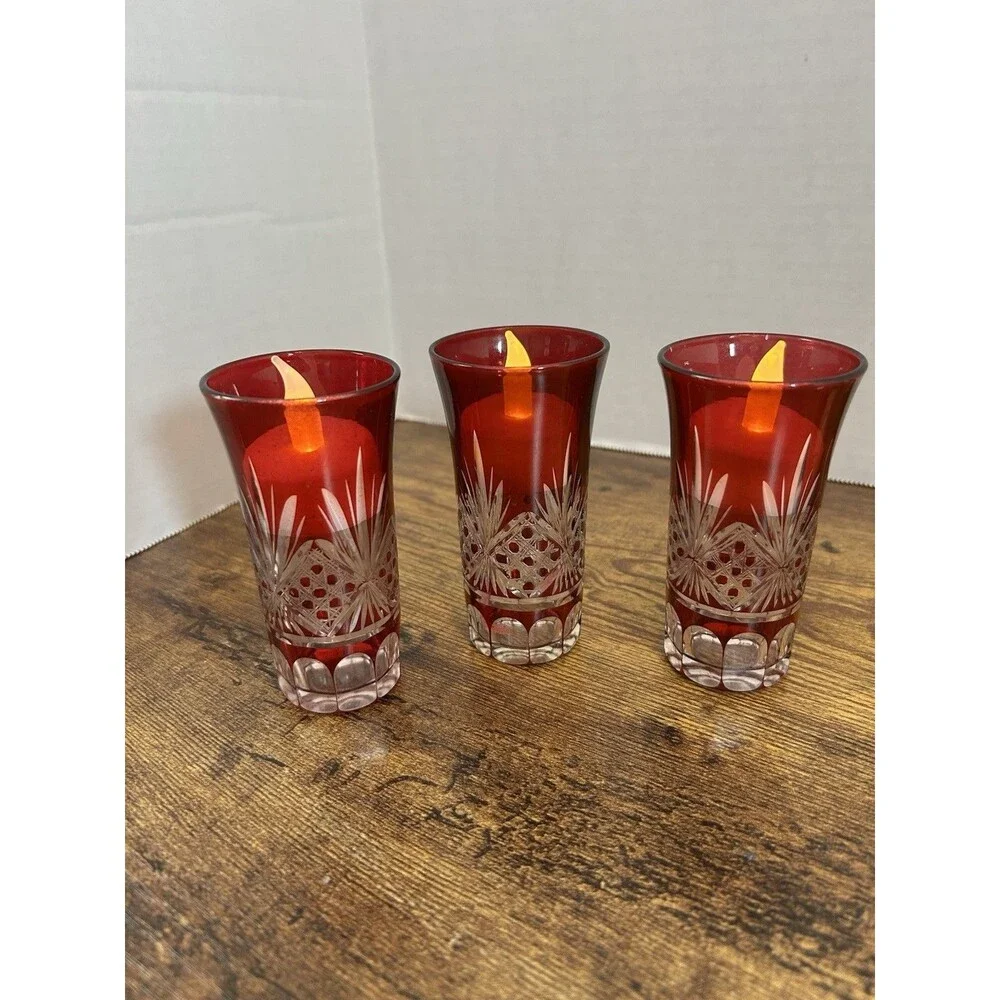 Lot Of 3 Vintage Ruby Cut To Clear Cordial Glasses Candle Holder Decor Displays